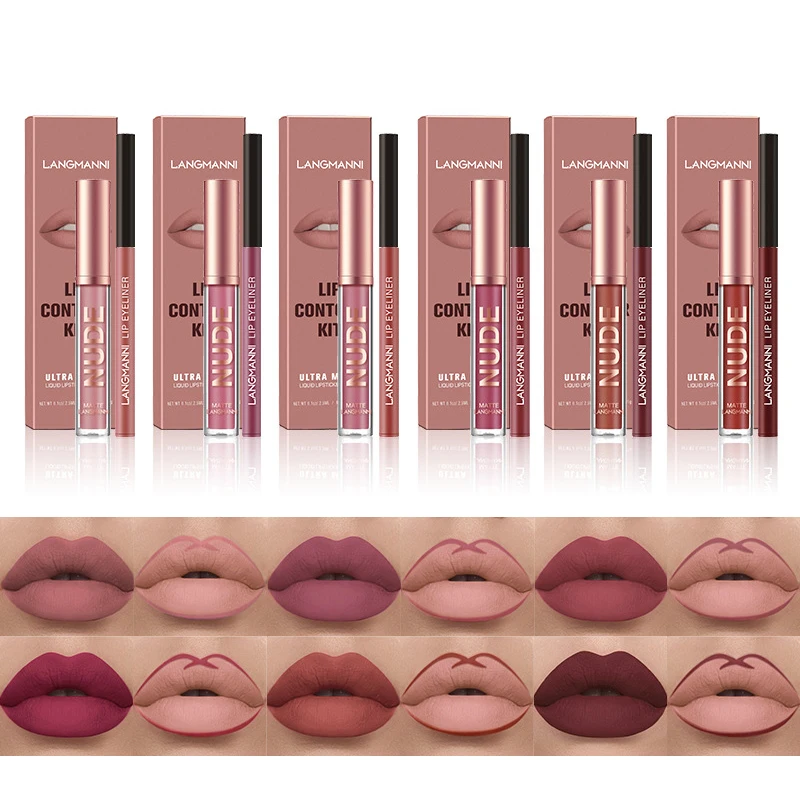 Ensemble de stylos à lèvres Velvet Rouge à lèvres Vepliner, Crayon à contour, Cosmétiques longue durée, Maquillage Jules, Sexy, 12 couleurs, 256, 2 pièces