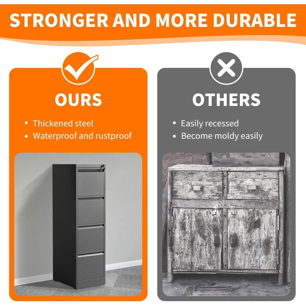 4段引き出しファイルキャビネット、ロック付き、頑丈なロック式メタルファイルキャビネット、ホームオフィス用スチール製ファイリングキャビネット、縦型ファイルキャビネット