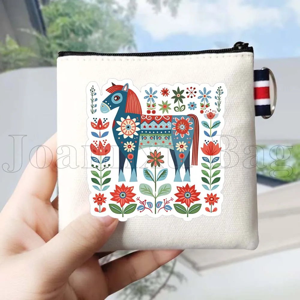Floral Swedish Dala Horses Stockholm Sweden Gift Canvas Coin Purse Bag Small Square Bag Key Storage Card Bag Wallet Zipper White
