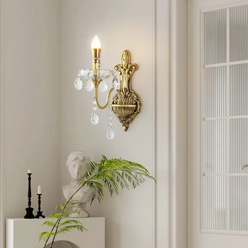 French retro brass crystal wall lamp light luxury all copper bedroom bedside lamp entrance entrance