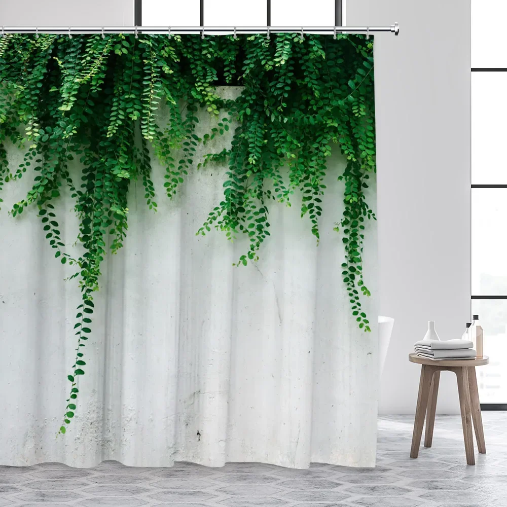 Vintage Stone Tile Wall Shower Curtain Farm Fabrics Green Leaves Spring Vines Natural Fabrics Floral Bathroom Home Decor Curtain