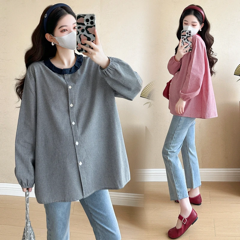 Lace O Neck Check Cotton Maternity Shirts 25ss Korean Fashion Oversize Loose Blouses for Pregnant Women CHIC Pregnancy Tops