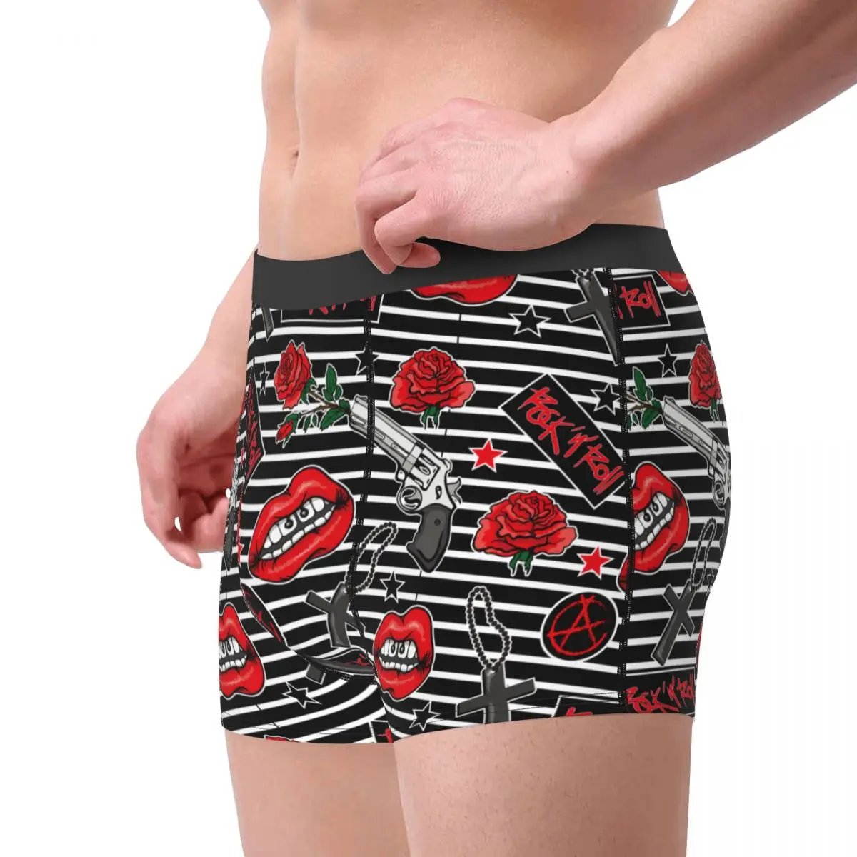 Lips Skull Cross Rose Punk Rock Grunge Men's Underwear Boxer Briefs Shorts Panties Novelty Polyester Underpants for Homme S-XXL