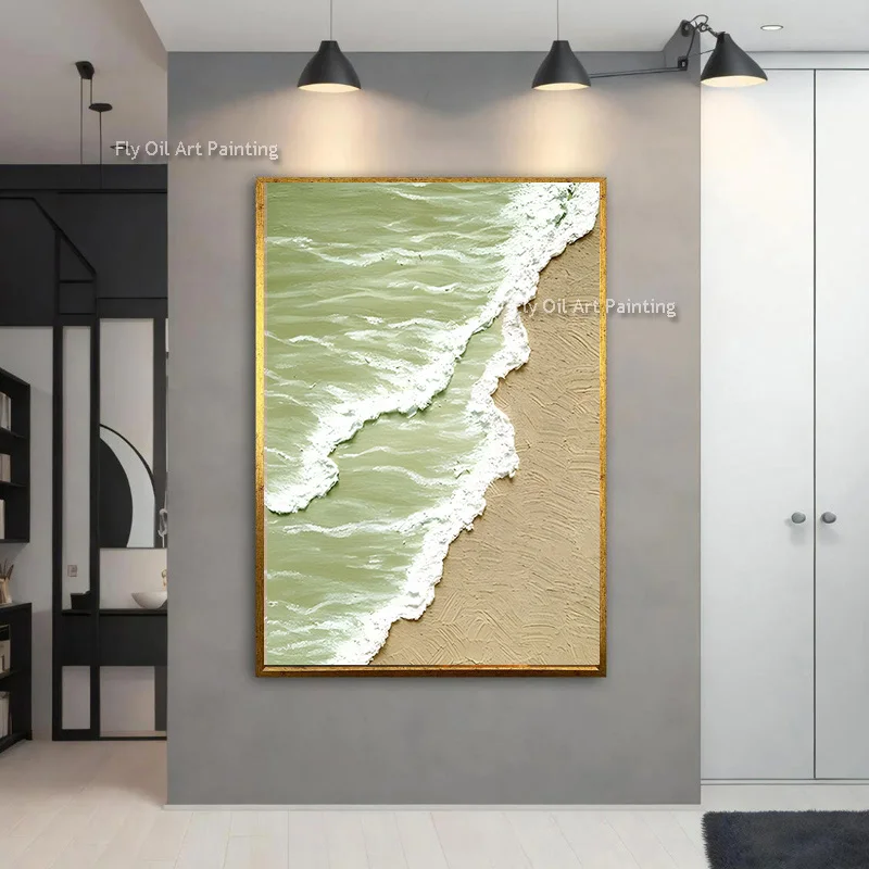 Handmade Brown And White Abstract Sea Waves Knife Thick Oil Painting On Canvas Green Beige Seaside View Wall Art Decor For Home