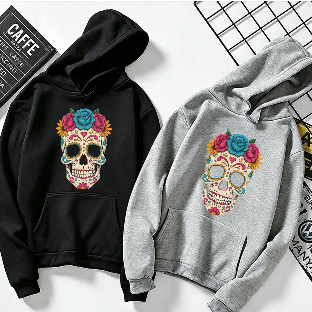Floral Sugar Skull Dia De Los Muertos Hoodie Long Sleeve Autumn Winter Vintage Y2K Gothic Aesthetic Halloween Unisex Pullover