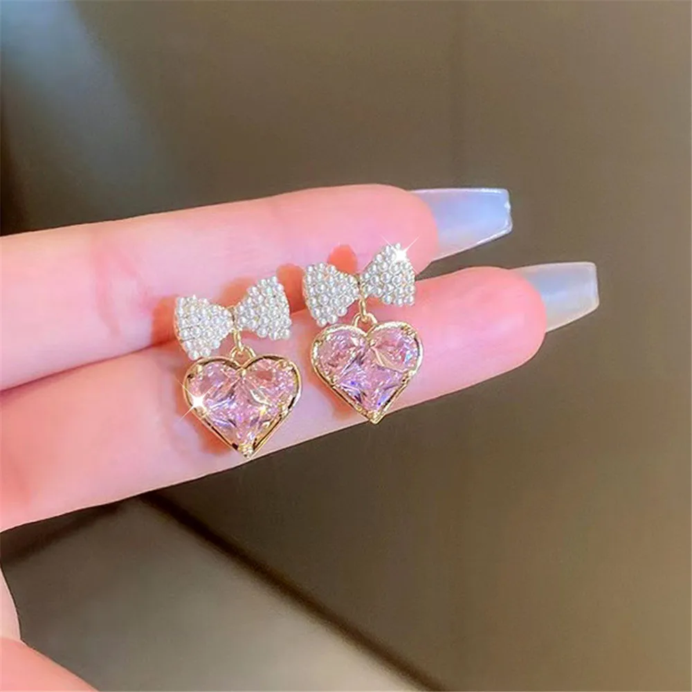 2023 Korean New Fashion Style Earrings Women'S S925 Silver Needle Advanced Bowknot Pearl Earrings Peach Heart Earrings Jewelry