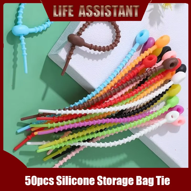 50pcs Silicone Reusable Cable Organizer Storage Bag Tie, Wire Management Zipper , Multi-Functional Bag Clip,Organizer Clip cable