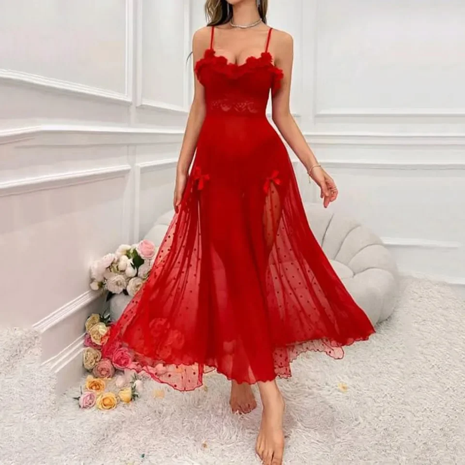 

Women Lingerie Dress Lace High Slit Long Maxi Gown Perspective Lace Seamless Sheer Nightdress Seductive Pajamas For Women Set