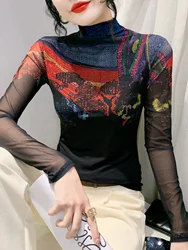 Size S-4XL Autumn Double-Layer Mesh T Shirts Female High Neck Long Sleeve Light Fabric Stretchable Slim Tee Top FF0968