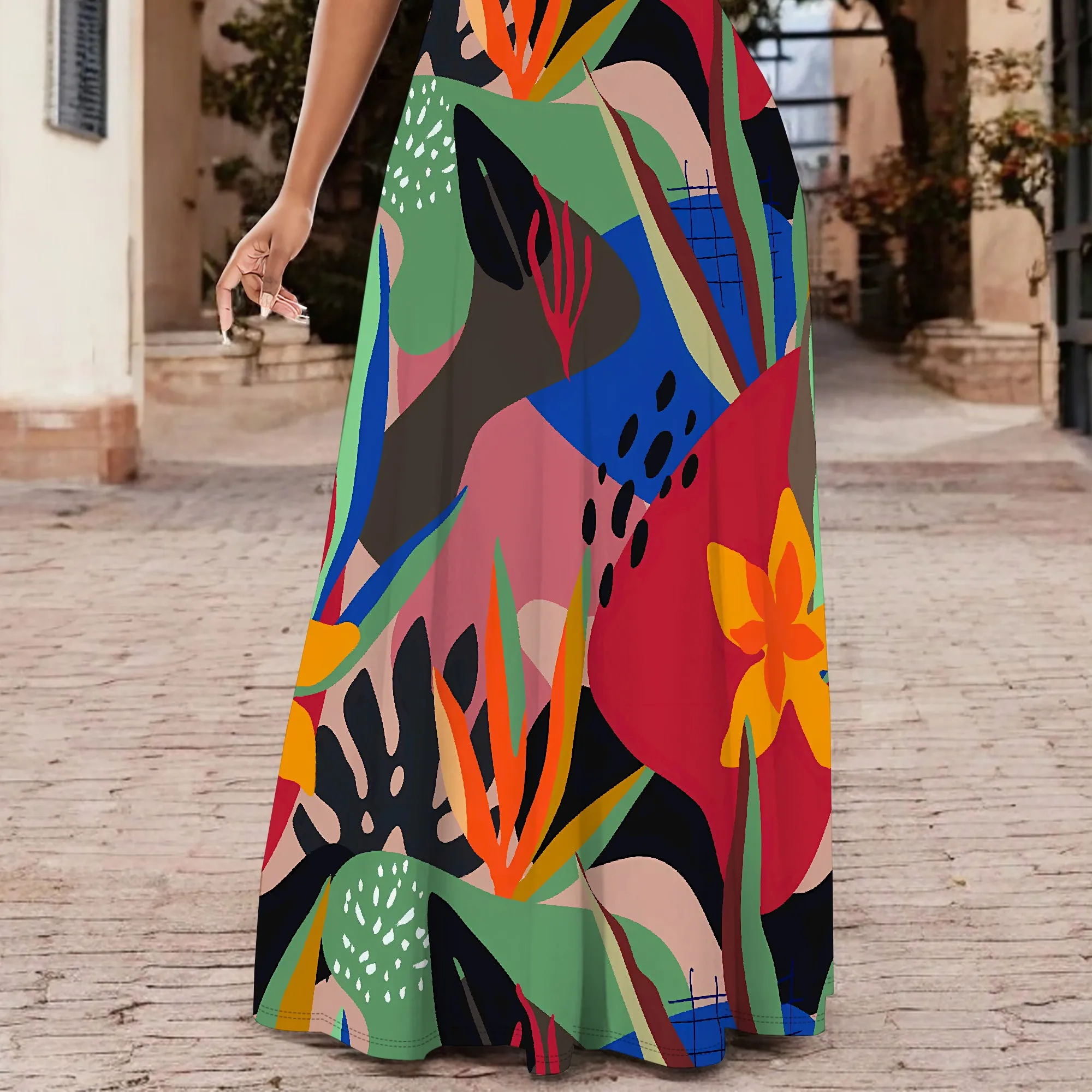 Sukienka maxi z nadrukiem abstrakcyjnym z krótkim rękawem Kolorowe stroje plażowe Boho dla kobiet