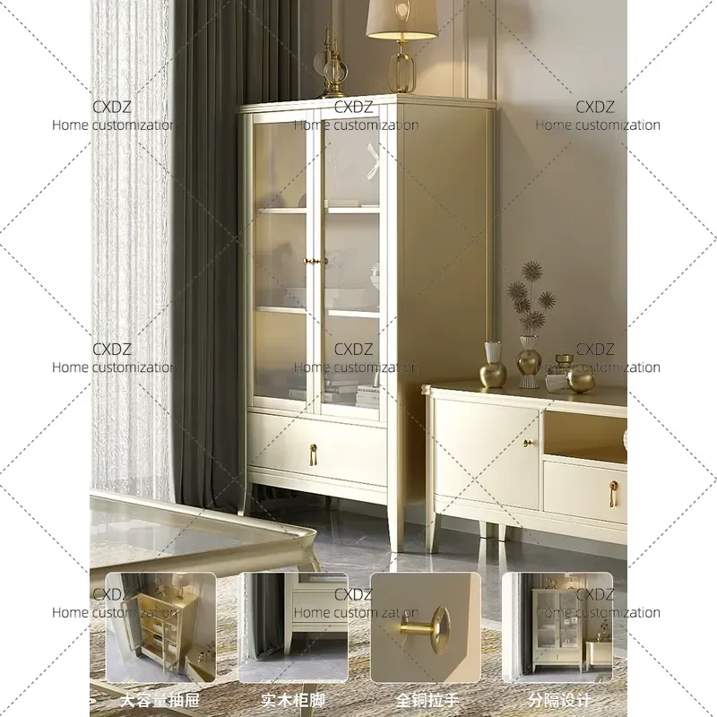 Light Luxury Solid Wood Double Door Wine Cabinet Modern Simple Sideboard Vertical Storage Unit with Glass Doors for Living