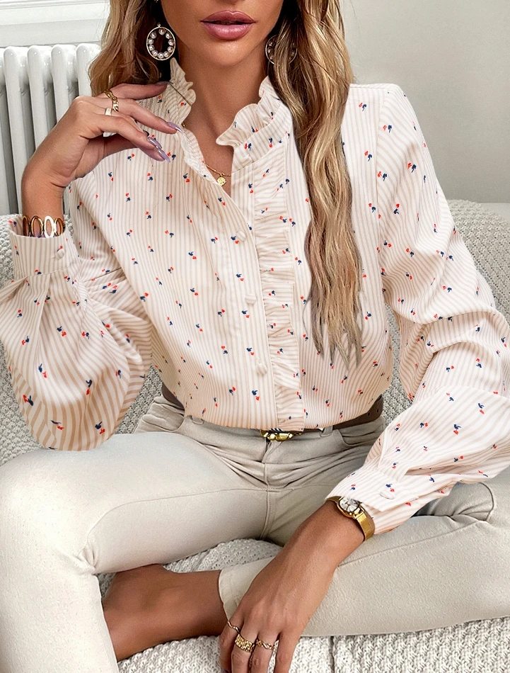 Women's Fashion Autumn Top Single Breasted Printed Ruffle Collar Shirt Temperament Commuter Long Sleeve Top