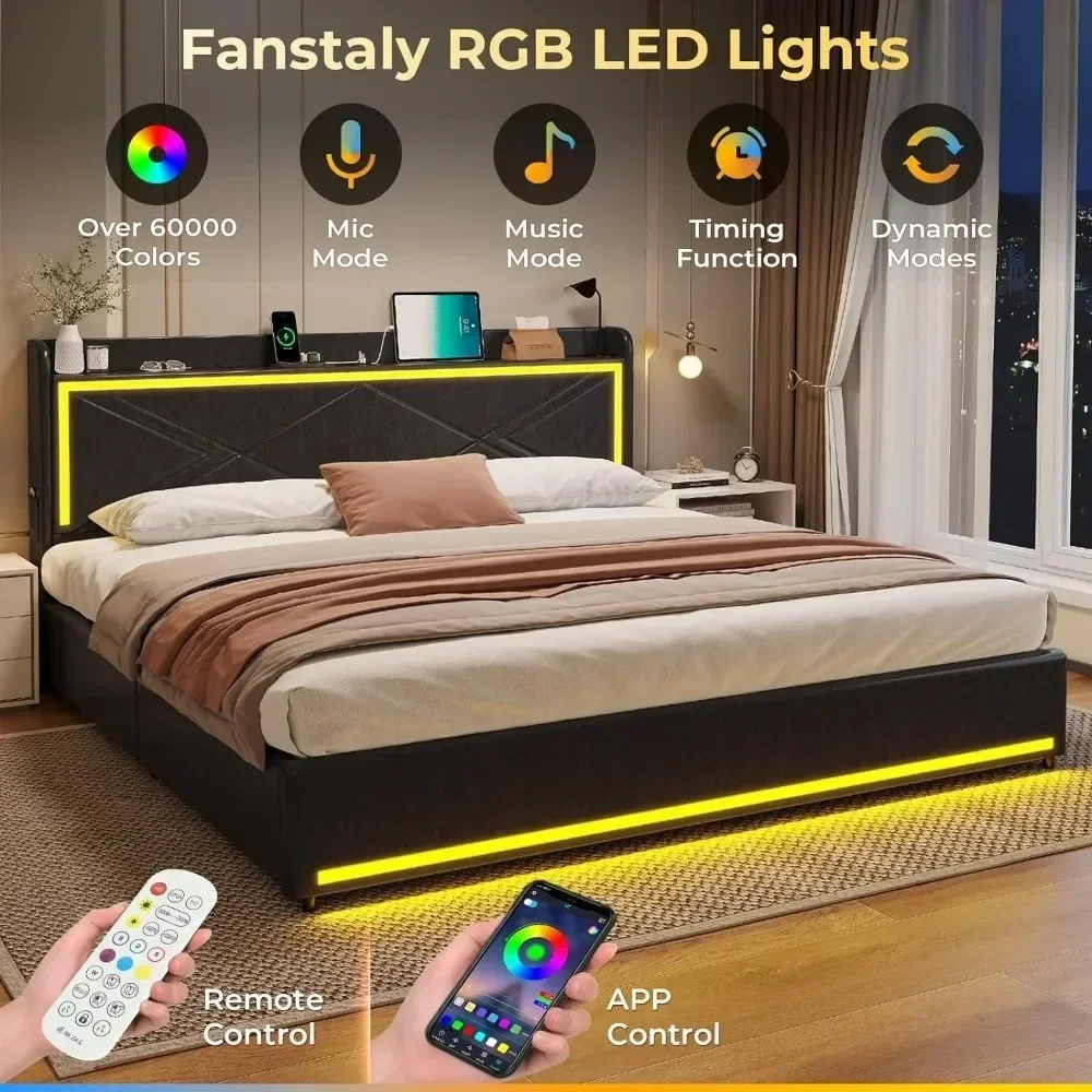 King Bed Frame with Storage Drawers and LED Lights, Pu Leather Platform Bed King Size with Headboard Storage, Type-C & USB C