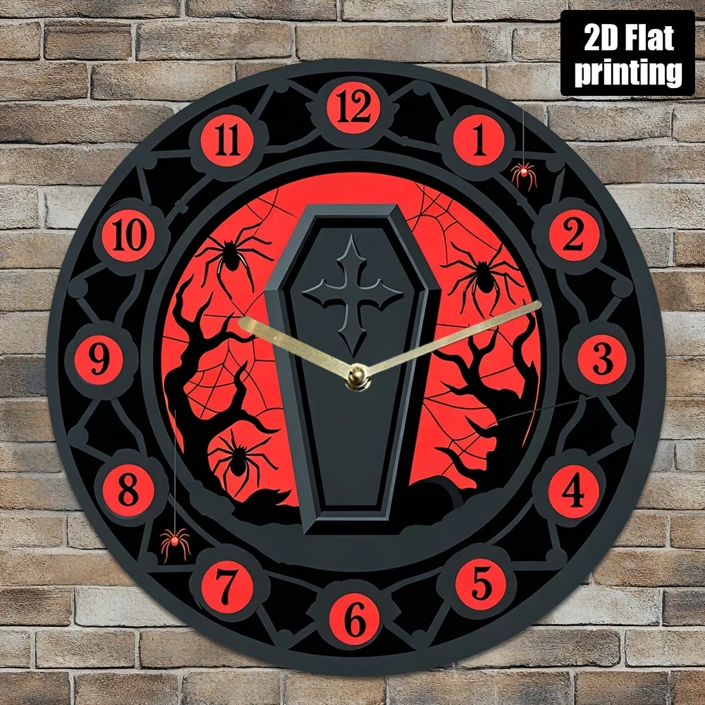 Reloj de Pared Estilo Gótico de 8 Pulgadas con Diseño de Rosa y Telaraña - Movimiento de Cuarzo Silencioso, Esfera Acrílica Roja y Negra, Modelo Choice Hal