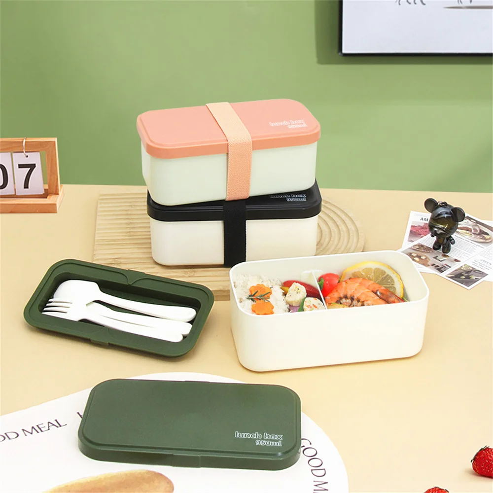 

950ML Lunch Box For Adults School Office Plastic Microwave 2 grids Storage Portable Single-layer Strap Bento Box With Tableware