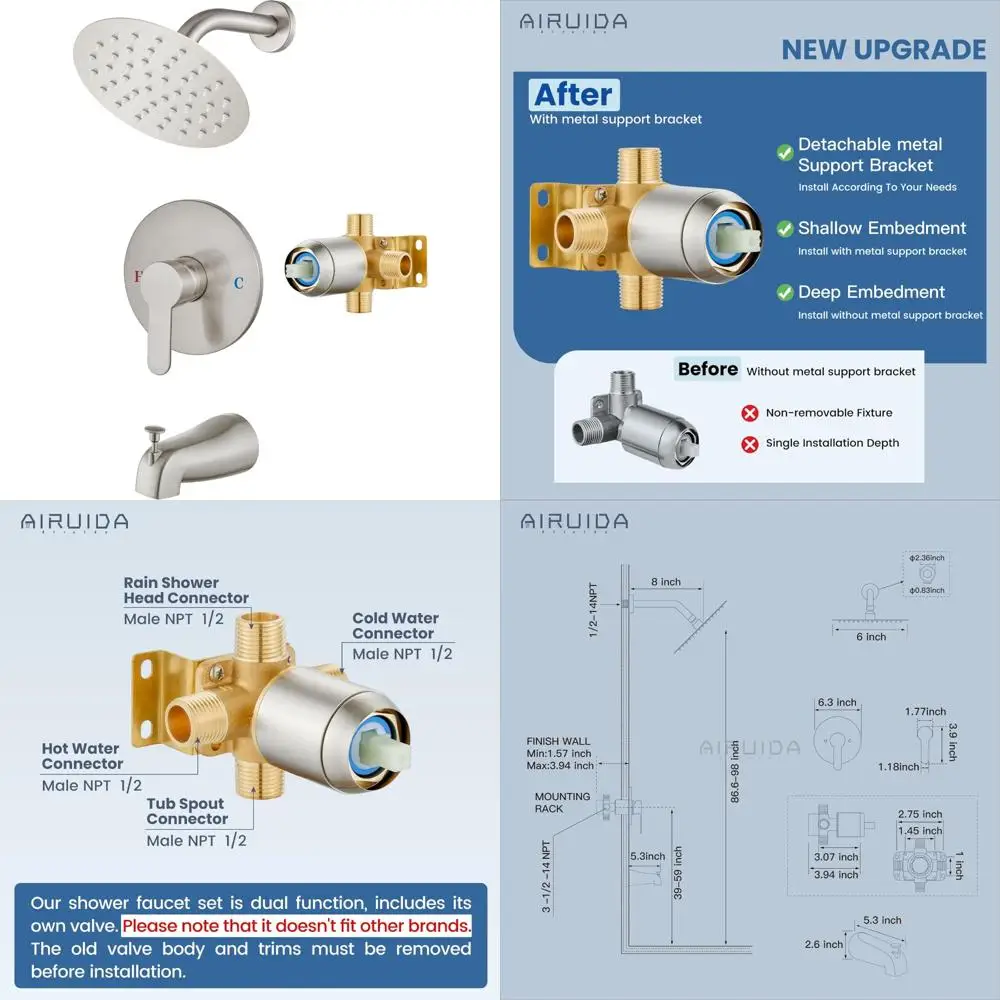 

Complete Shower Tub Faucet Set with Solid Brass, Tub Spout and Shower Head Kit for Bath Installation