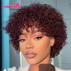 Burgendy Short Brazilian Jerry Curl Human Hair Wig With Bangs 99J# Kinky Curly 4# and 30# Nature100% Human Hair machine made wig