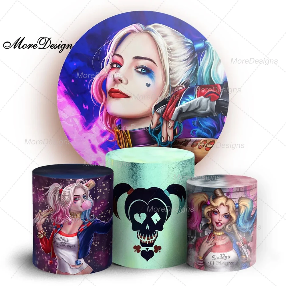 Dc Girl Harley Quinn Round Photo Backdrop Kids Birthday Party Suicide Squad Cylinder Covers Fabric Photography Background