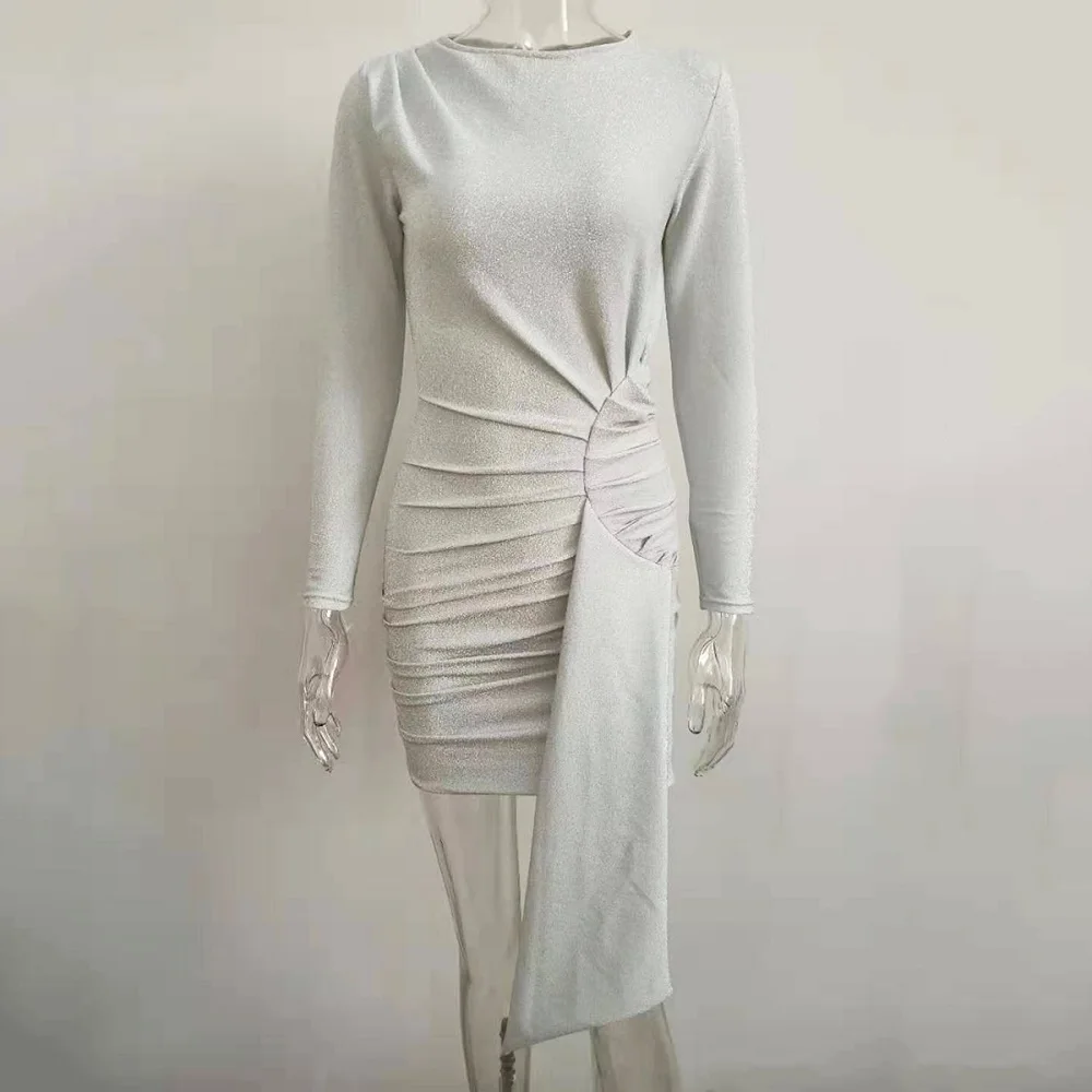 Sexy Backless Pleated Mini Dress Women O-Neck Silk Shiny Bodycon Dress 2024 Autumn Long Sleeve Draped Slim Party Dress Vestido