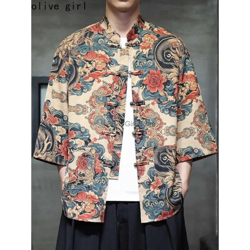 

Летняя мужская футболка из ледяного шелка в стиле Тан с короткими рукавами и пряжкой, пляжная рубашка в китайском стиле с принтом дракона