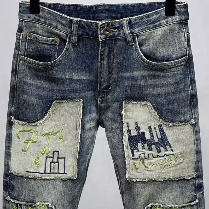 Y2KStreet Fashion Men's Jeans Vintage Washed Blue Elastic Slim Fit Decal Jeans n's Y2KDesigner Hip Hop Jeans Pencil Pants hombre