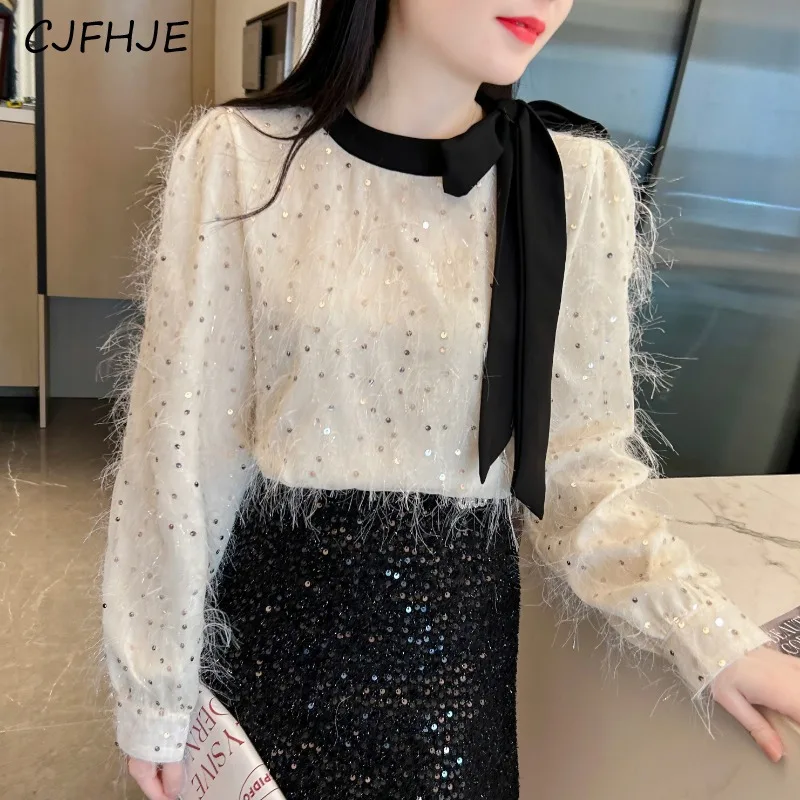 

CJFHJE Spring French Women's Bow Tied Chiffon Shirt Korean Fashionable Elegant Ladies Sequin Doll Neck Long Sleeved Shirt Top