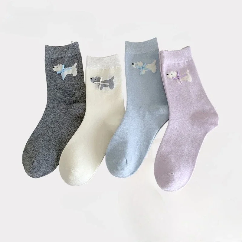 

4 пары женских носков-трубочек с бантом, тонкие, из чистого хлопка, весенне-летние, милые, с мультяшным рисунком собаки, простые, удобные, повседневные носки