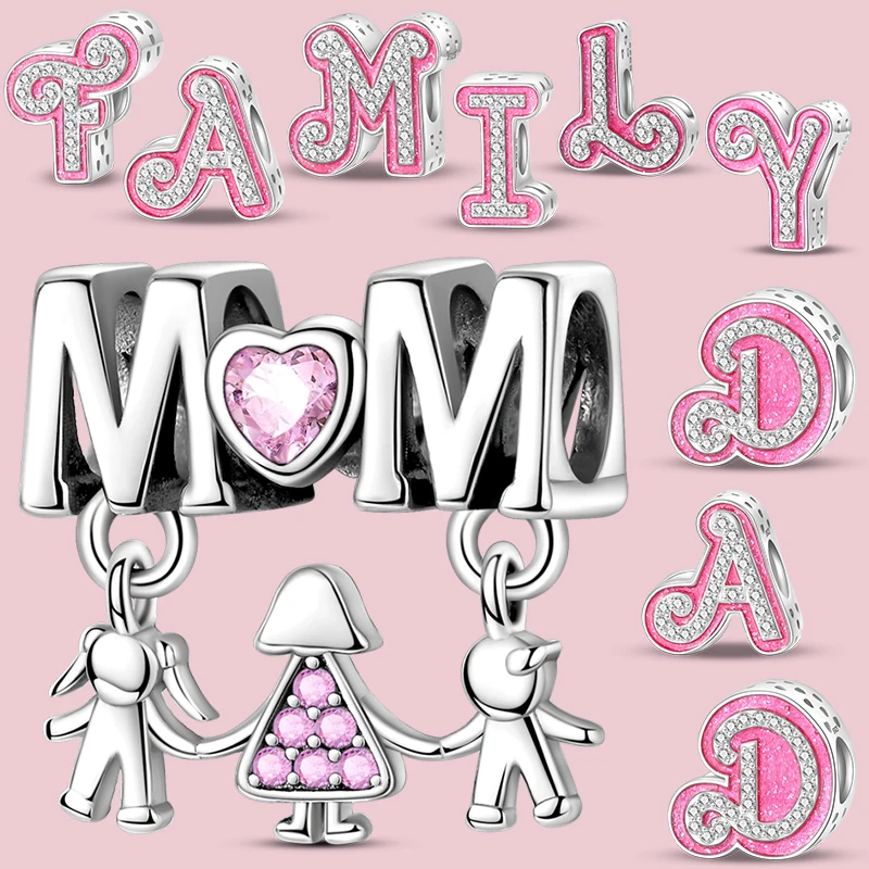 925 Sterling SilverA-Z 26 English Letters Alphabet Charms pave Pink Zircon Beads Fit 3mm Bracelets DIY Jewelry for Girls Women