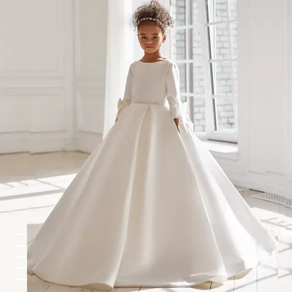 Customized Ivory Flower Girl Dress For Wedding Satin Applique Puffy O-neck Full Sleeves Kids Birthday First Communion Ball Gown