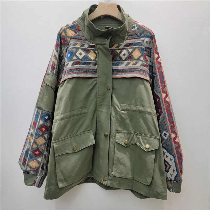 SuperAen Women's Loose Cardigan Casual Stand-up Collar Patchwork Jacket 2026 Autumn New Europe and America Safari Style Coats