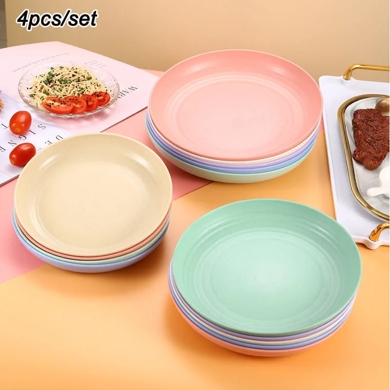 

4pcs/set Wheat Straw Plates Unbreakable Dinner Plates Dishwasher Microwave Safe BPA Free Outdoor Home Party Dinner Plates Set