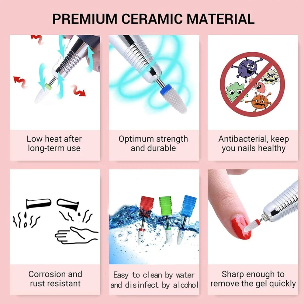 5 قطع لقم مثقاب أظافر سيراميك، مجموعة لقم مثقاب أظافر 3/4 لأظافر جل الأكريليك