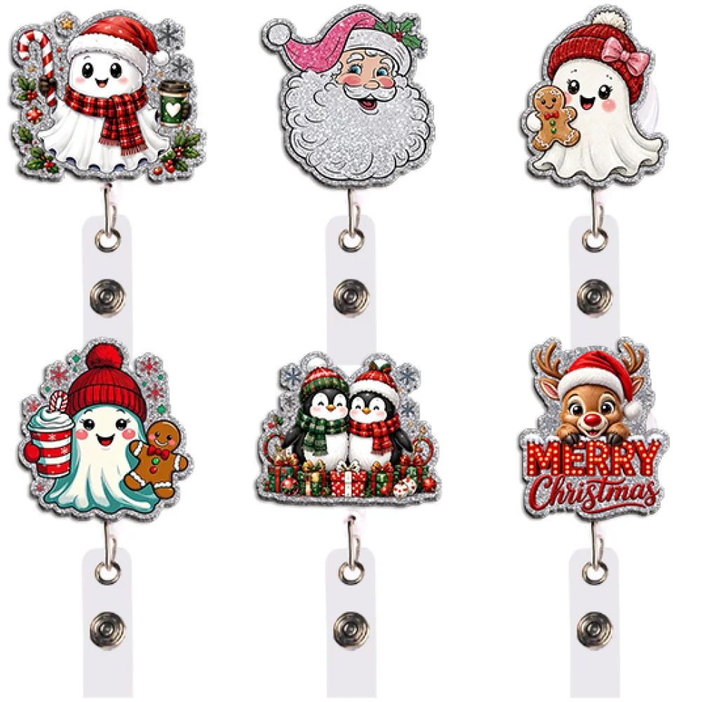 Christmas Badge Reel Retractable ID Holder Santa Snowman Ghost Penguin Reindeer Gift for Daily Use Travel Journal