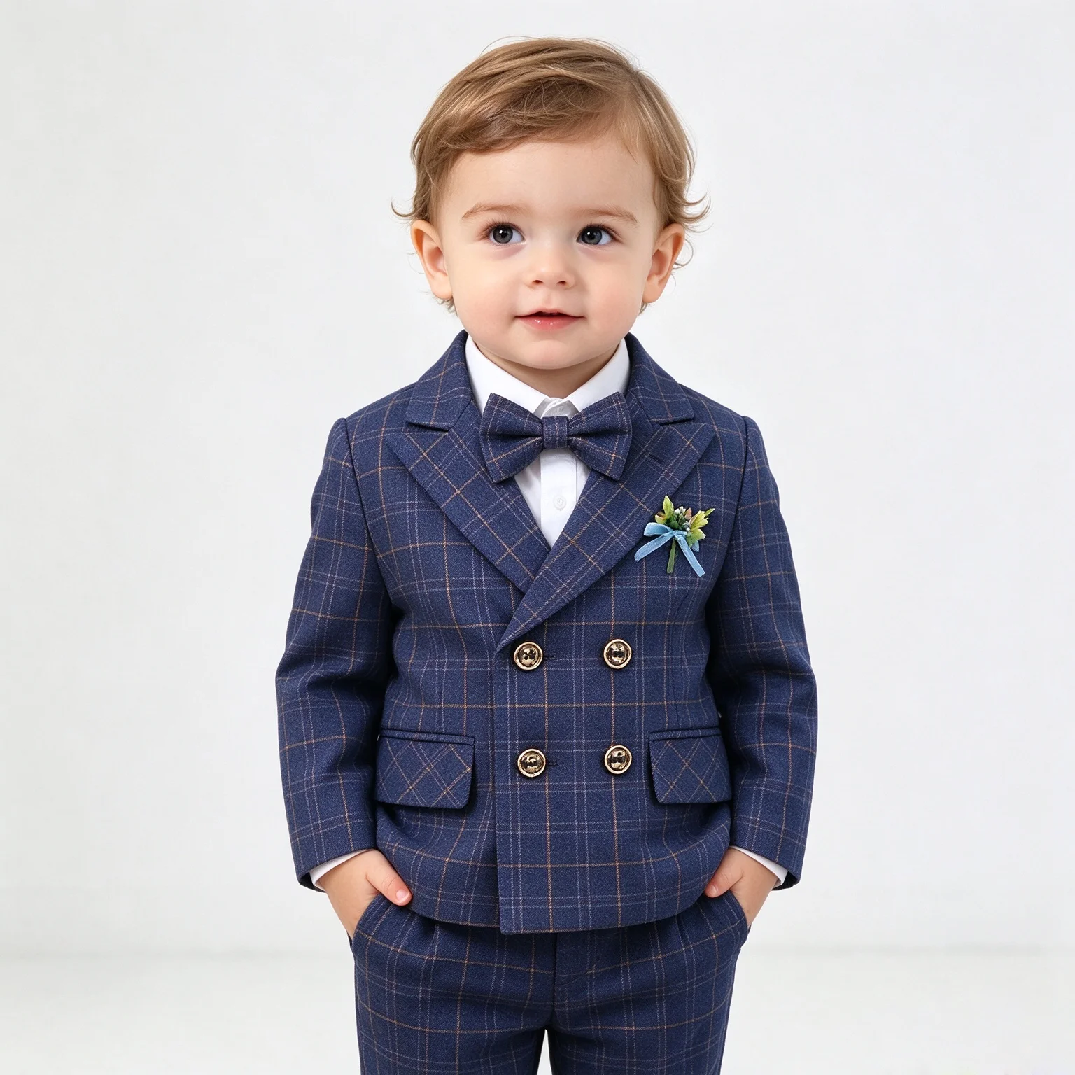 Baby Boy Blue Plaid 4Pcs Suit Set with Blazer Vest Pants Bow Tie - Kids Gentleman Outfit for Wedding Birthday Party Formal Dress