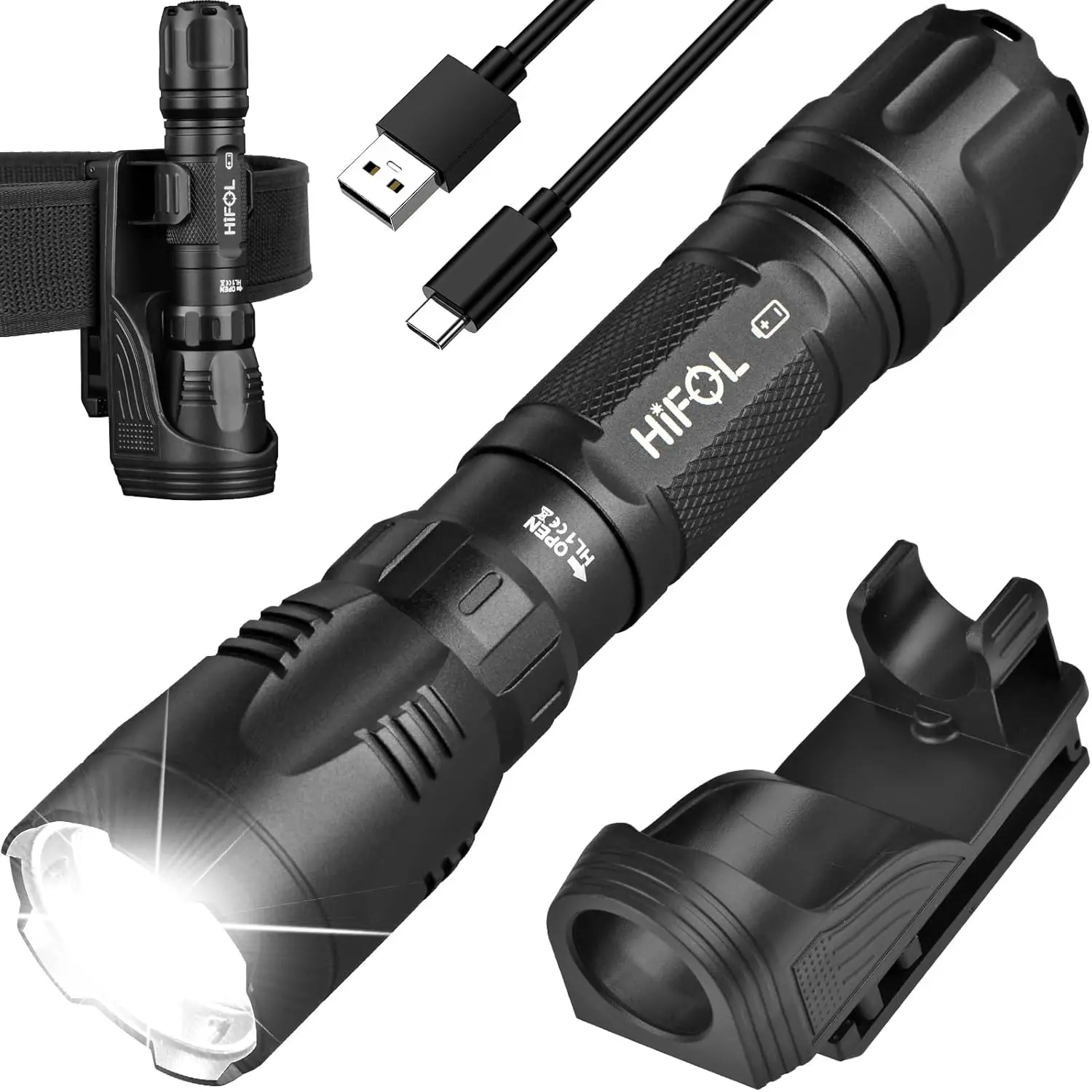 

2000 Lumens Tactical Flashlight with Rotatable Holster, Rechargeable Police Flashlight for Camping, Law Enforcement HL1