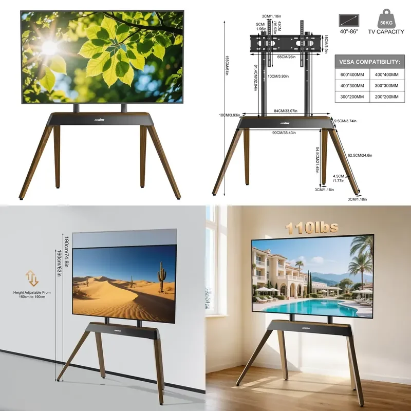 Modern TV Stand Walnut Legs Heavy Studio TV Display Stand for 40- 85 Inch Height Adjustable