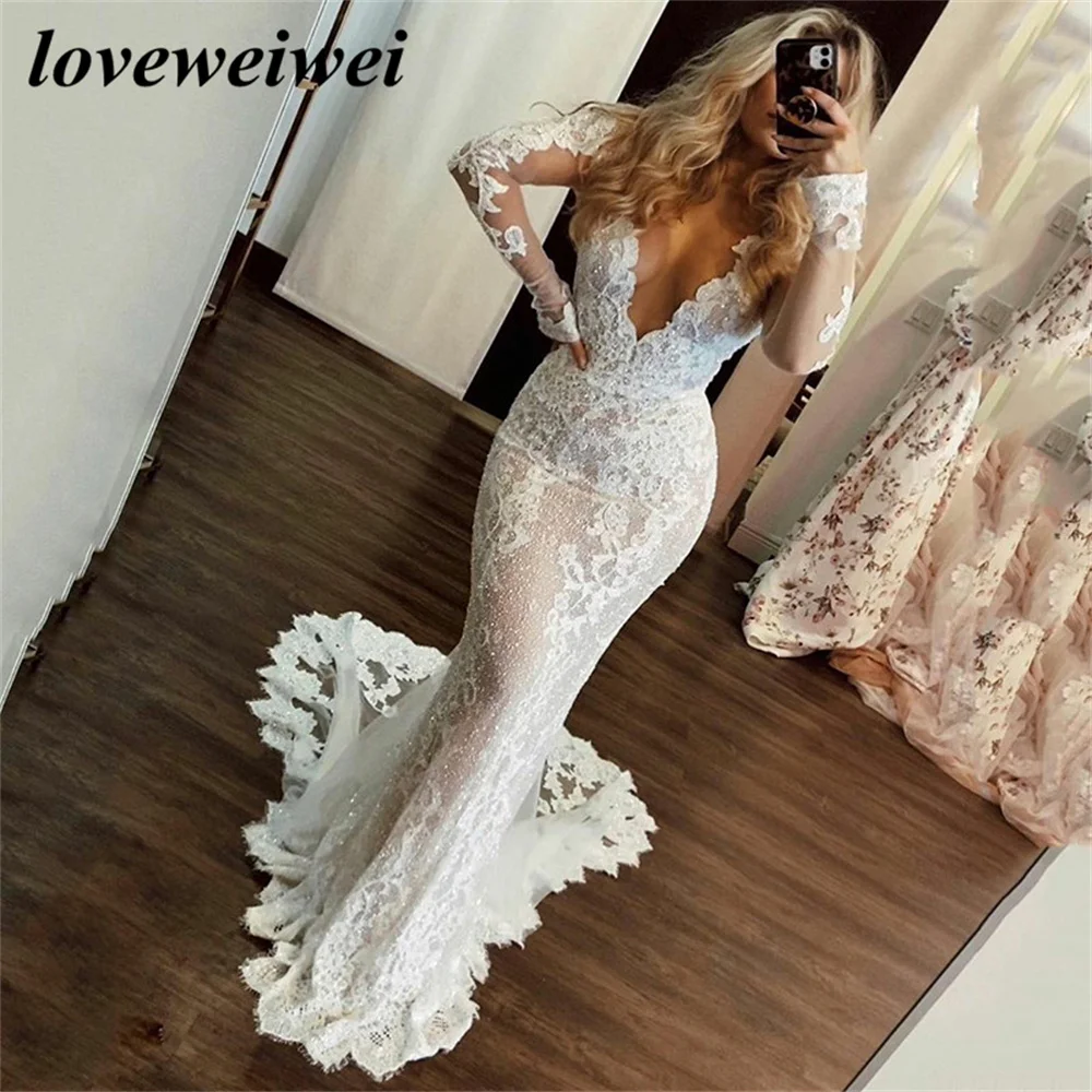 Loveweiwei Long Sleeve Lace Mermaid Wedding Dress V Neck Neck Bride Dresses Long Train vestido de noiva Appliques Bridal Gowns