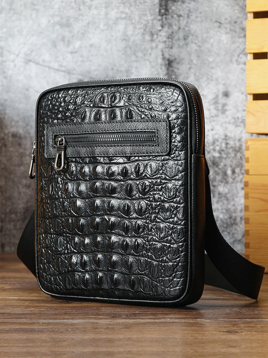 MVA Leather Men's Bag Black Fashion Crossbody Bag Crocodile Print Large Business Commuter Shoulder Bag