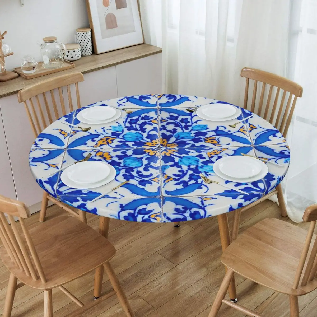 Portuguese Tile Decor Azulejo Lisboa Waterproof Round Tablecloth Oilproof Table Cloth for Kitchen Events Dining Table Cover