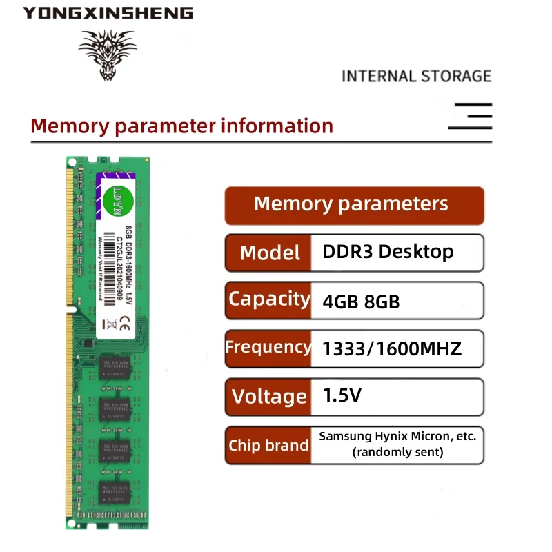 Yongxinsheng-Mémoire de bureau universelle, RAM DDR3, 4 Go, 8 Go, PC3, 1333MHz, 1600MHz, DIMM, 1.5V