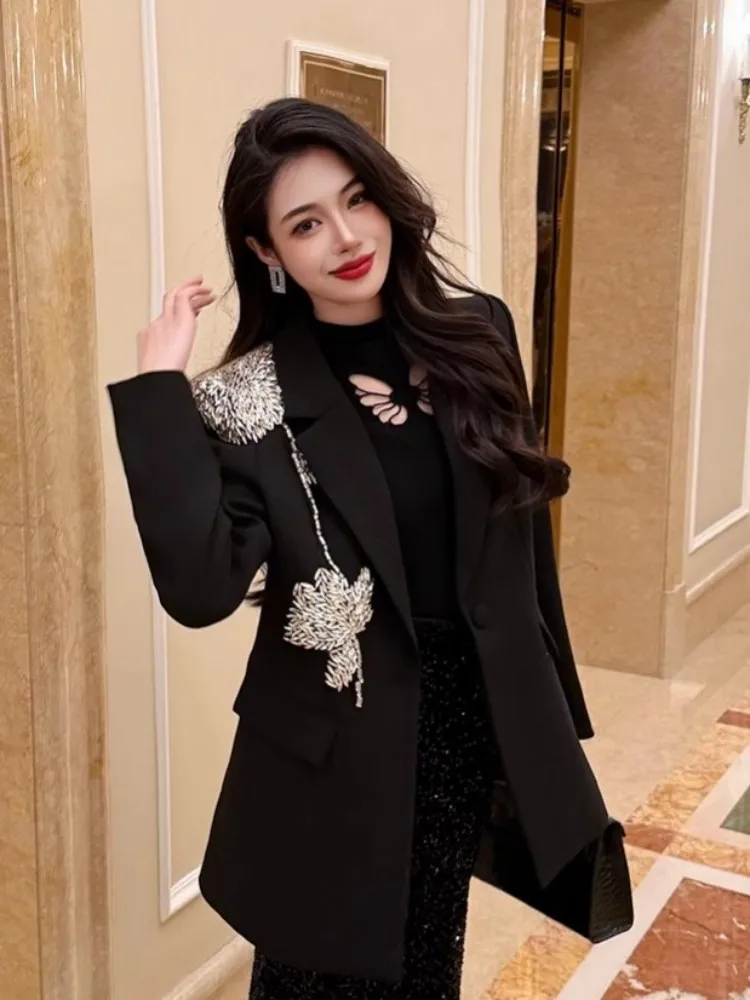 Office Ladies Elegant Suit Jacket Luxury Fashion Diamonds Black Blazers Women Single Button Autumn Winter Design Outwear