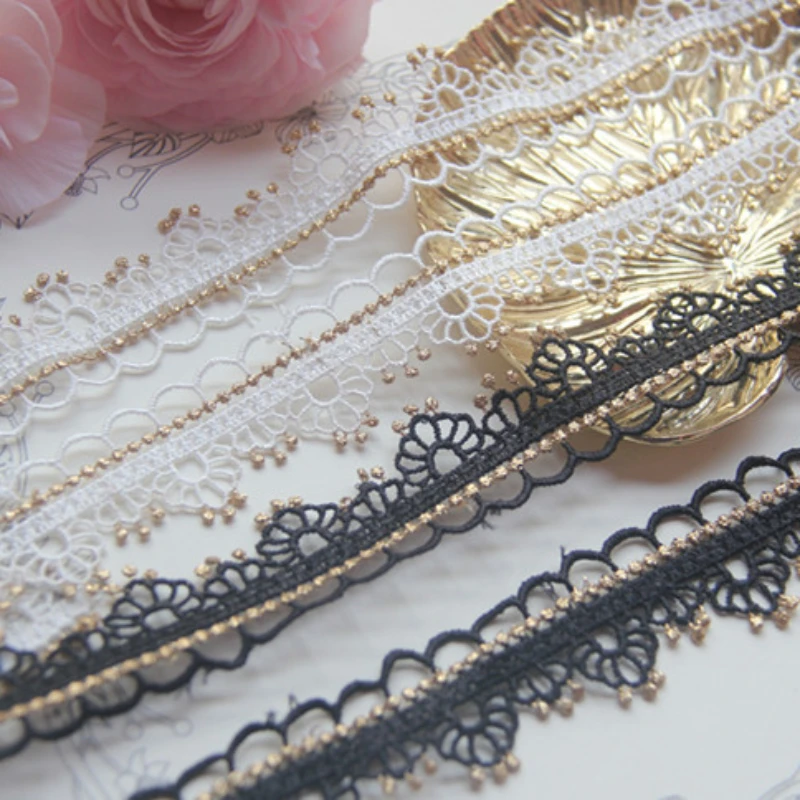 Wedding Dress Fluorescent Lace Applique, Gold Thread, White, Black Venice Lace Accessories, Stage Performance Decoration, 2 Yard