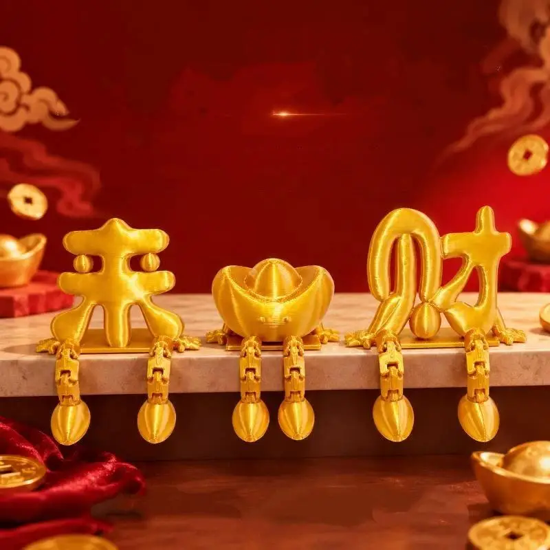 3D Printed Handcrafted Golden Chinese Yuanbao Ornament Lucky Fortune Decor for Office Desk Home Shelf Holiday Gift