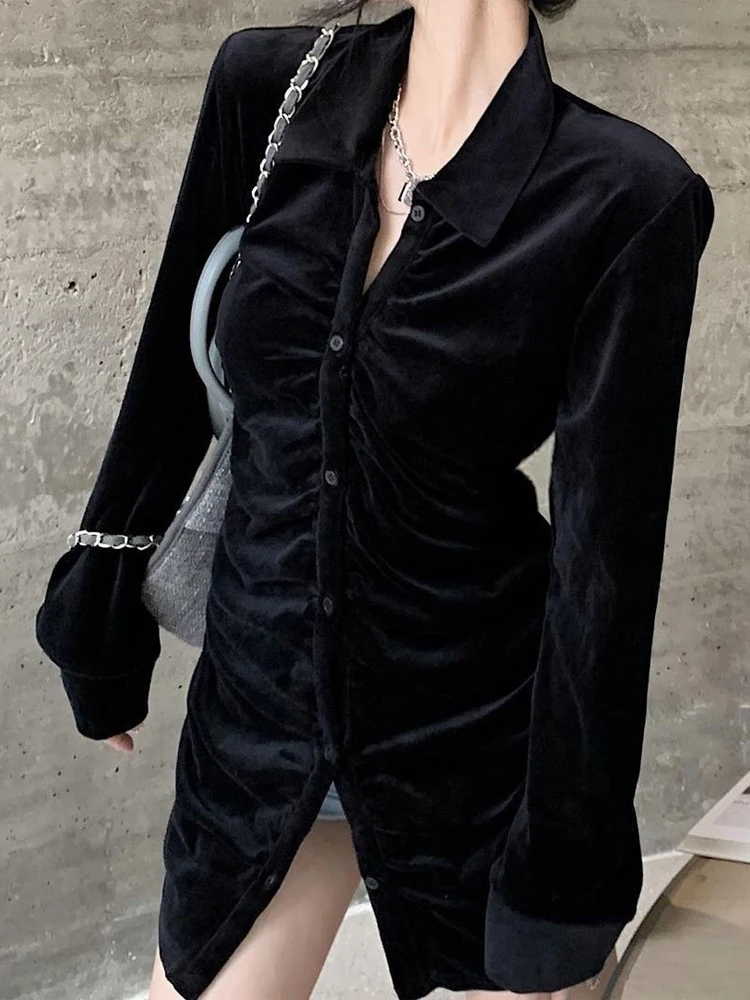 

Black Velvet Shirts Women Korean Fashion Elegant Vintage Slim Blouses Female Autumn Long Sleeve Single Breasted Lapel Blouse