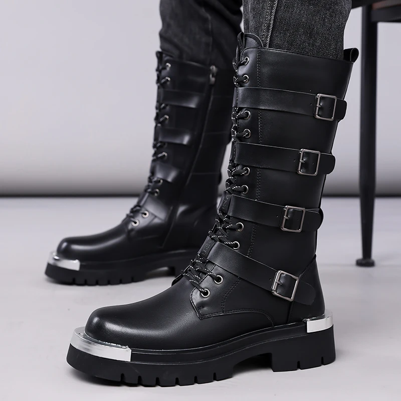 

big size men fashion cosplay stage high motorcycle boots original leather shoes cowboy platform boot cool long knight botas male