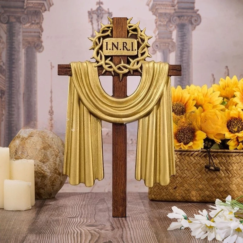 High Quality Thorn Crown and Cross Easter-Themed Beech Wood Carving Home Decor Hanging Ornament