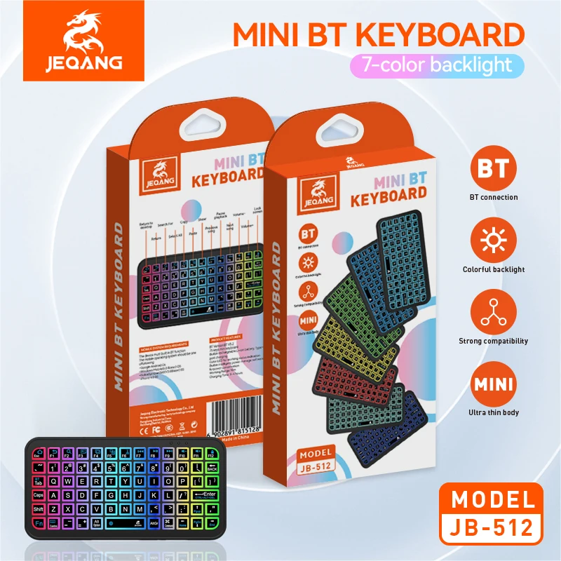 

Мини-клавиатура JEQANG JB-512 Bluetooth RGB, красочная подсветка, Bluetooth в чипе BT, клавиатура Uitra с тонким корпусом