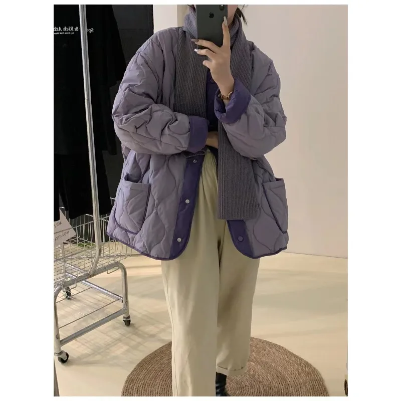 2025 Autumn and Winter Ethnic Style Splicing Round Neck Thick White Duck Down Cotton Jacket