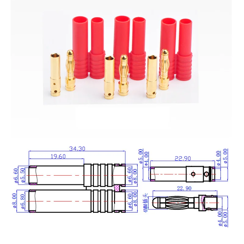 Enchufe macho hembra de 4,0mm de oro de plátano con cubierta/estuche protector para enchufes de batería RC Lipo 10 / 20 / 50 pares de Amass