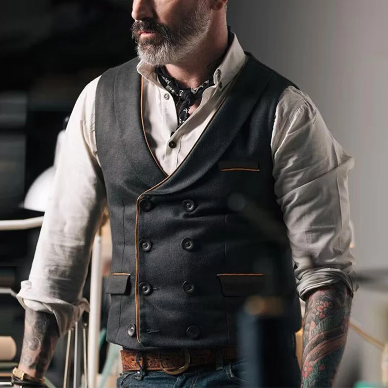 Vintage Double-breasted Waistcoats Mens Casual V Neck Patchwork Sleeveless Suit Jackets Men Autumn Trendy Vest Jacket Streetwear